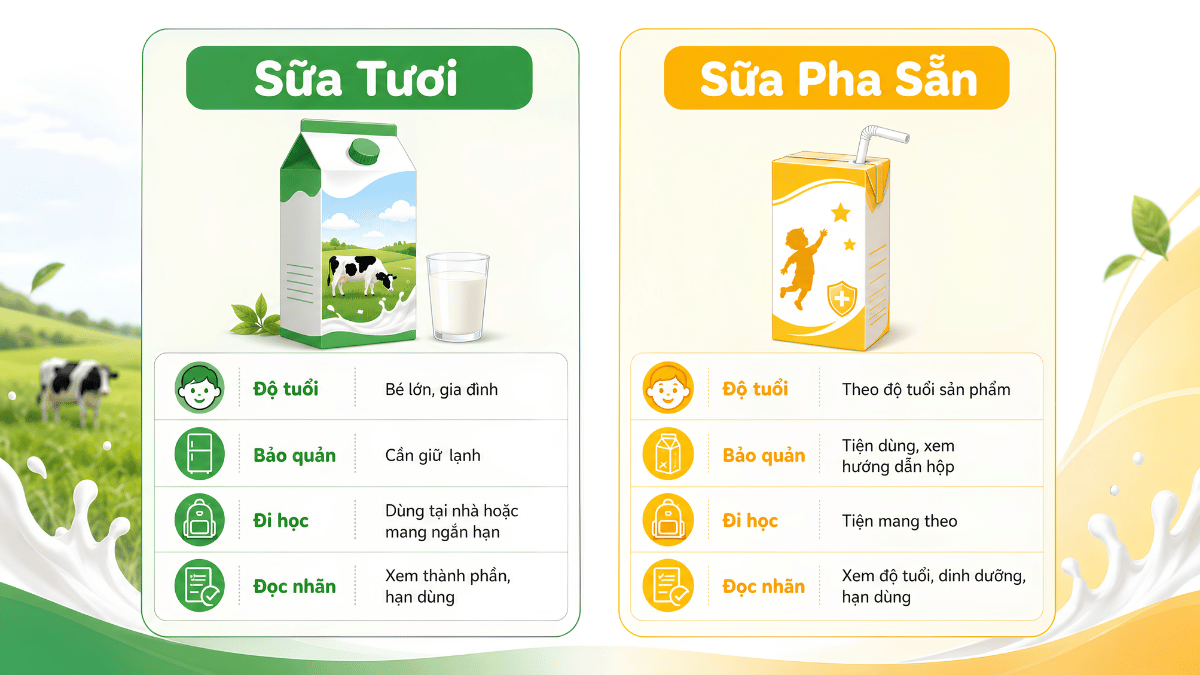 Bảng chọn sữa tươi và sữa bột pha sẵn theo độ tuổi của bé