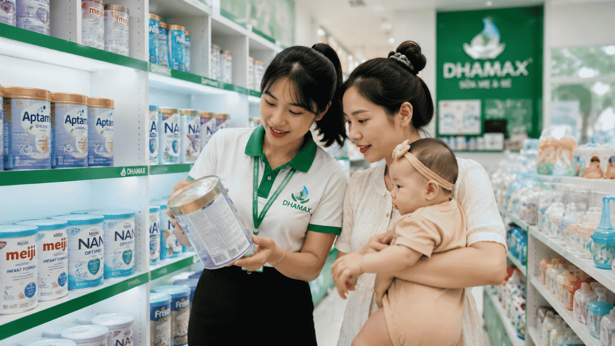 Nhân viên DHAMAX tư vấn ba mẹ đổi sữa công thức đúng cách