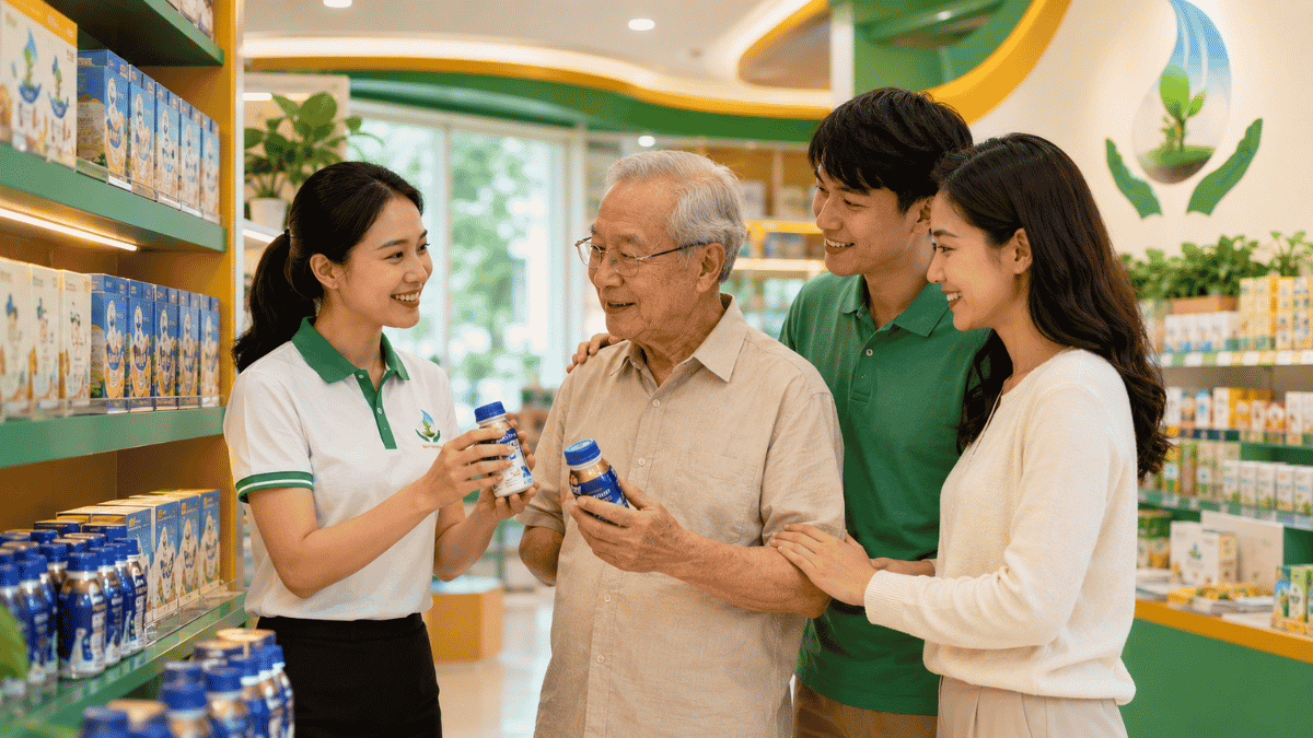 Nhân viên DHAMAX tư vấn sữa dinh dưỡng người lớn tại cửa hàng