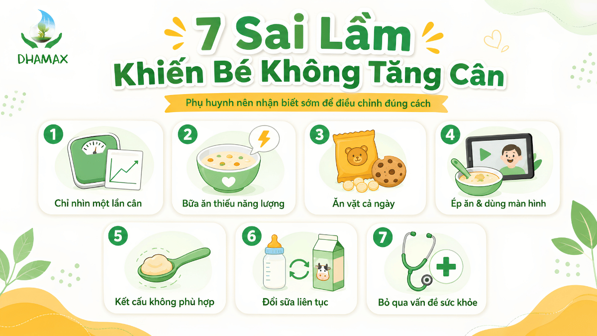 Infographic 7 sai lầm chăm bé khiến trẻ chậm tăng cân
