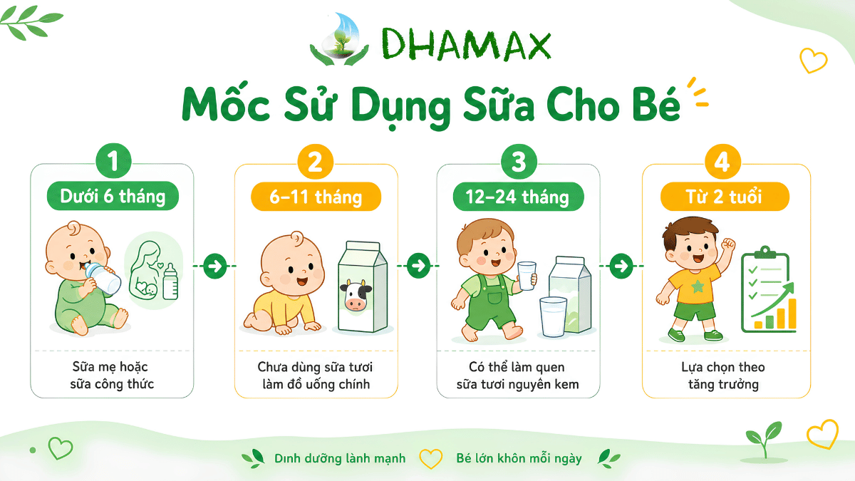 Infographic mốc tuổi uống sữa tươi cho bé
