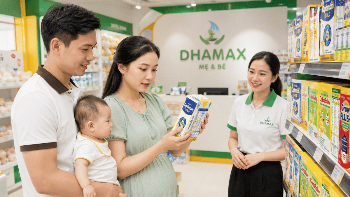 Phụ huynh kiểm tra hướng dẫn bảo quản sữa hộp cho bé tại cửa hàng DHAMAX