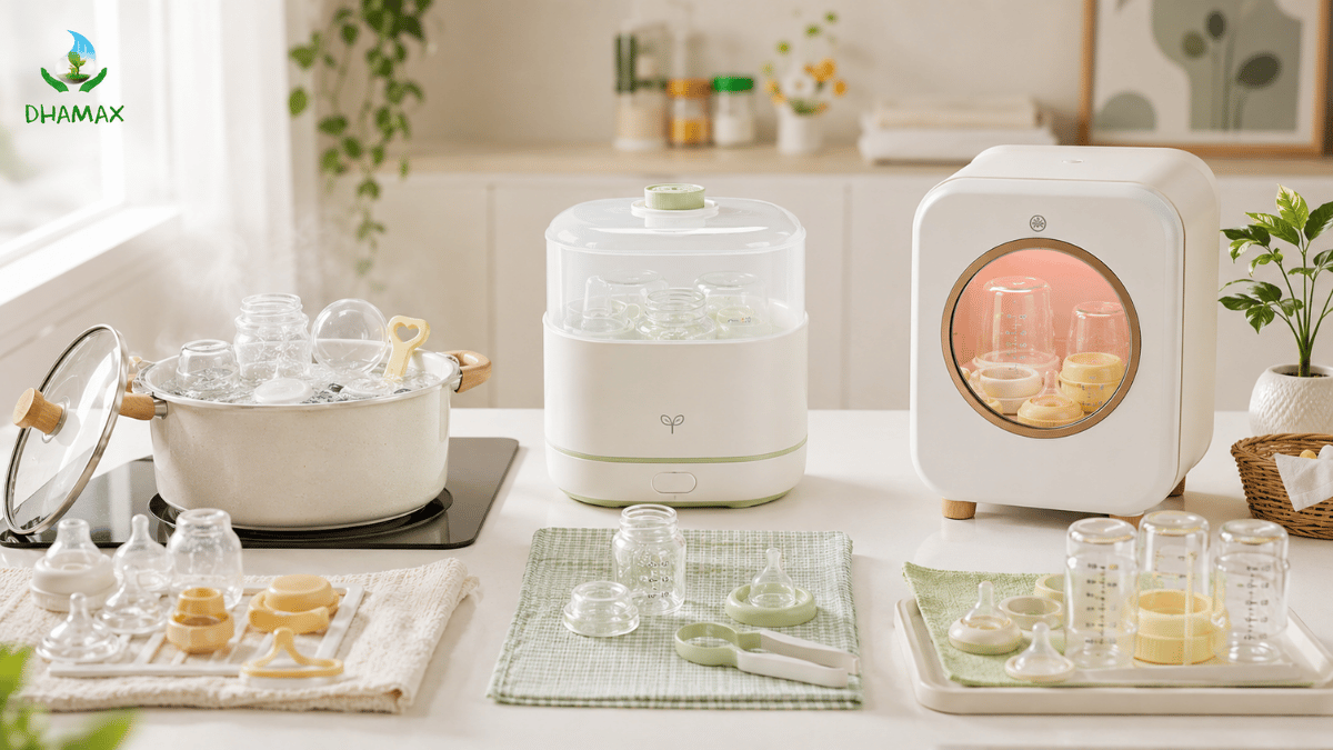 Các phương pháp tiệt trùng bình sữa bằng nước sôi hơi nước và máy tiệt trùng
