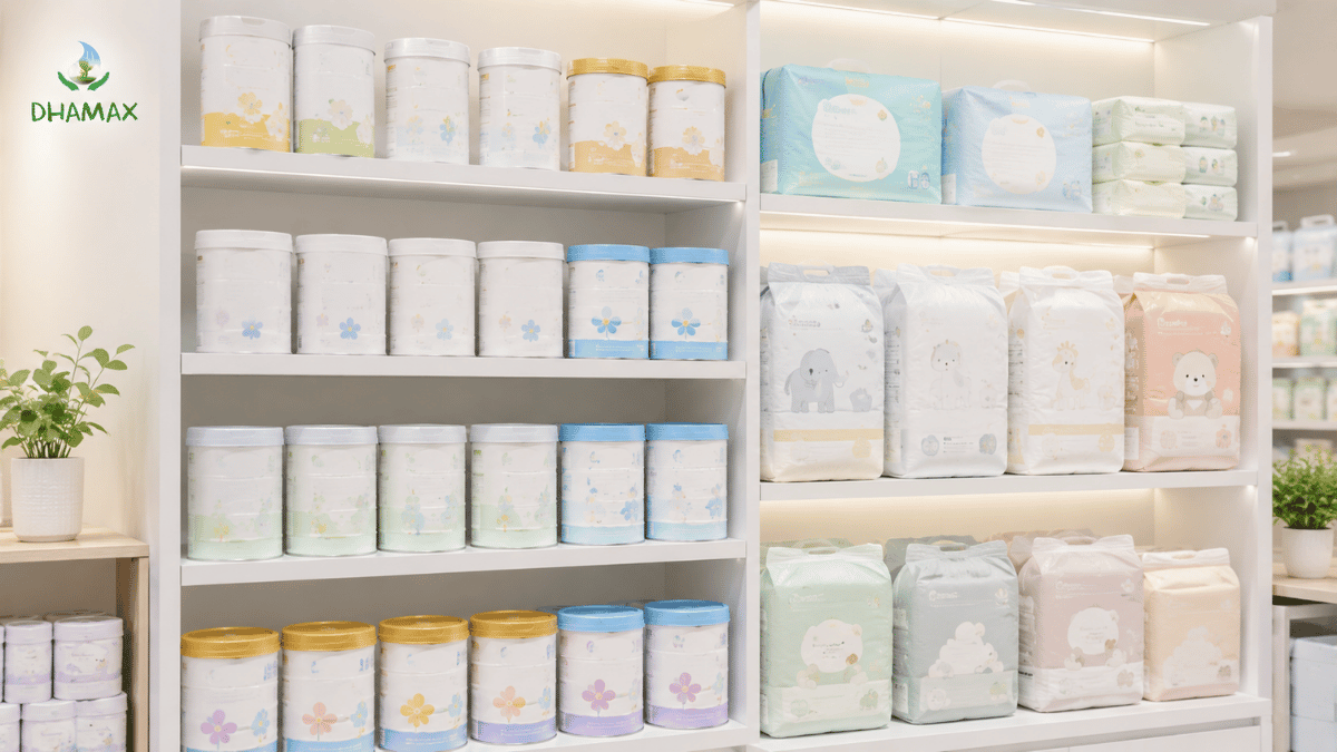 Sữa và tã bỉm trong danh mục cửa hàng mẹ và bé