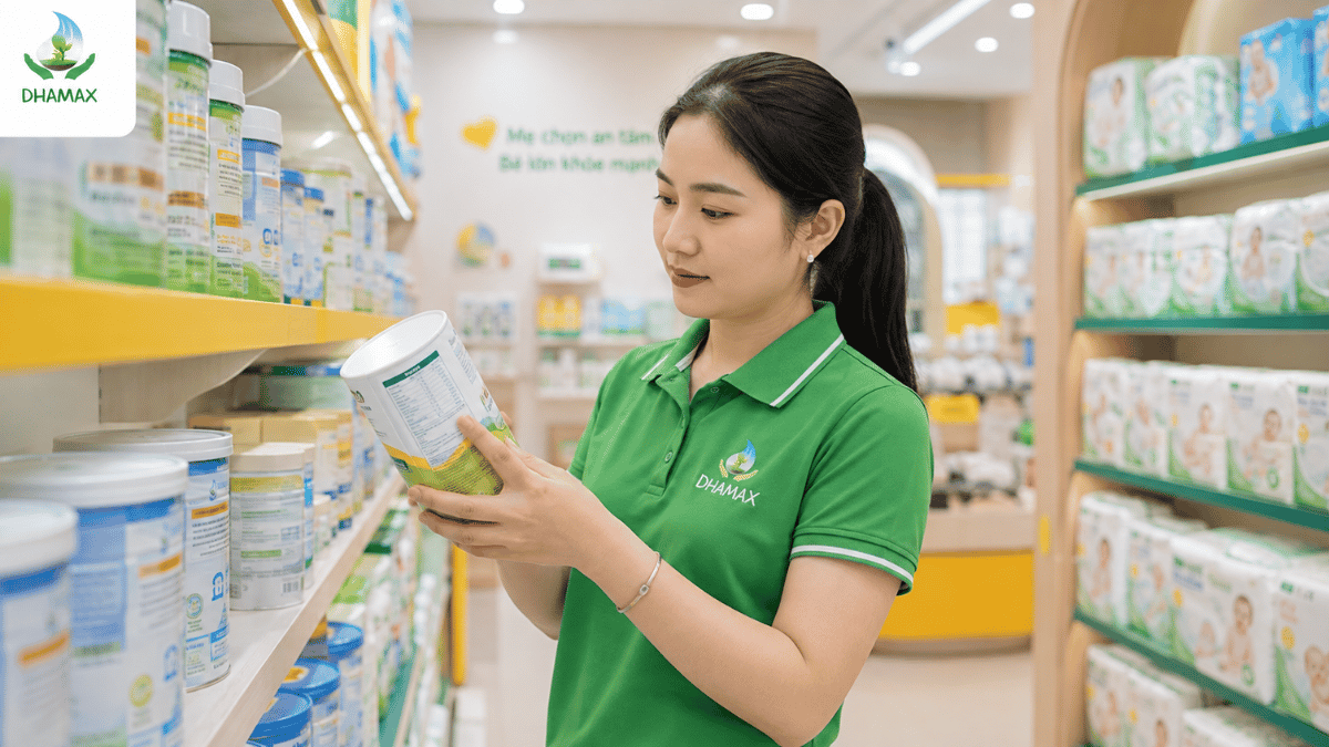 Nhân viên kiểm tra lô và hạn sử dụng sản phẩm tại cửa hàng mẹ và bé