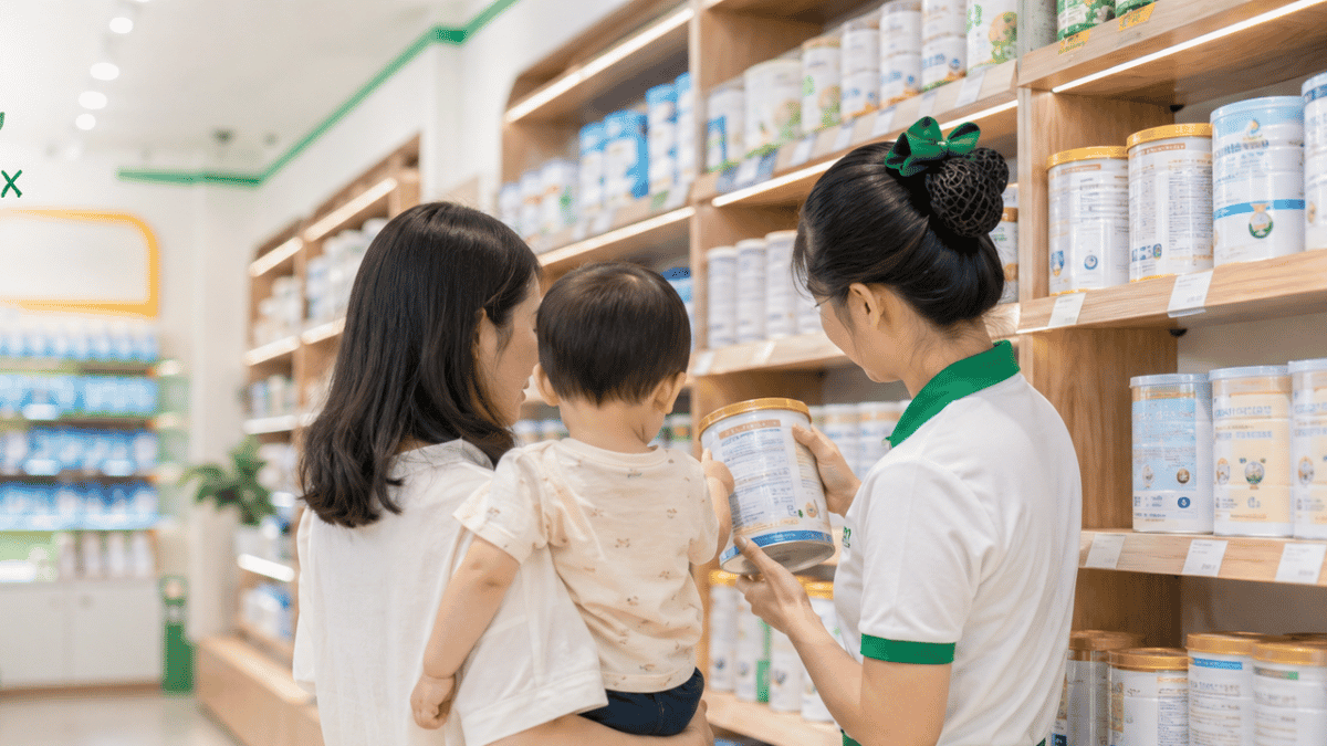 Ba mẹ kiểm tra nhãn sữa cho bé 2 tuổi tại DHAMAX