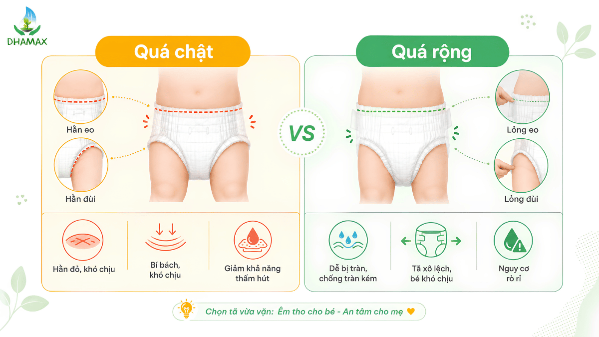 So sánh bỉm quá chật và quá rộng ở vùng eo và đùi
