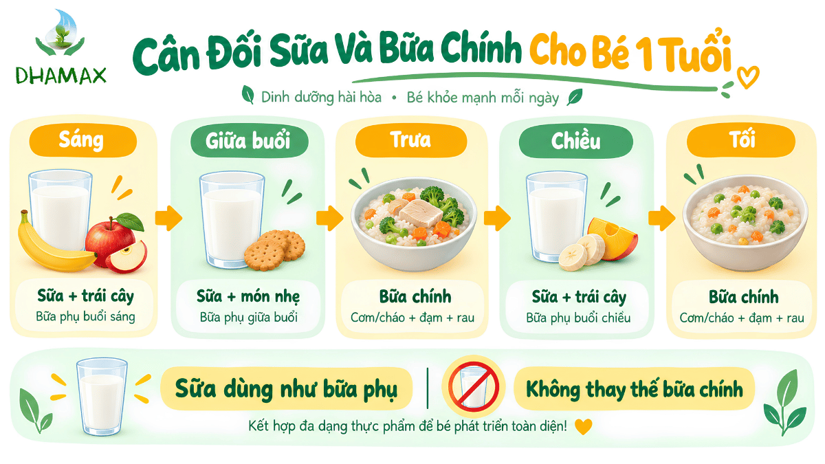 Lịch uống sữa và bữa chính tham khảo cho bé 1 tuổi
