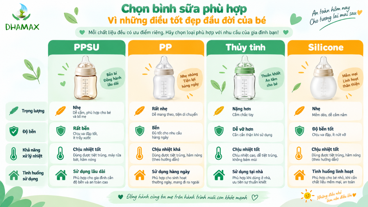 So sánh bình sữa PPSU và PP thủy tinh silicone