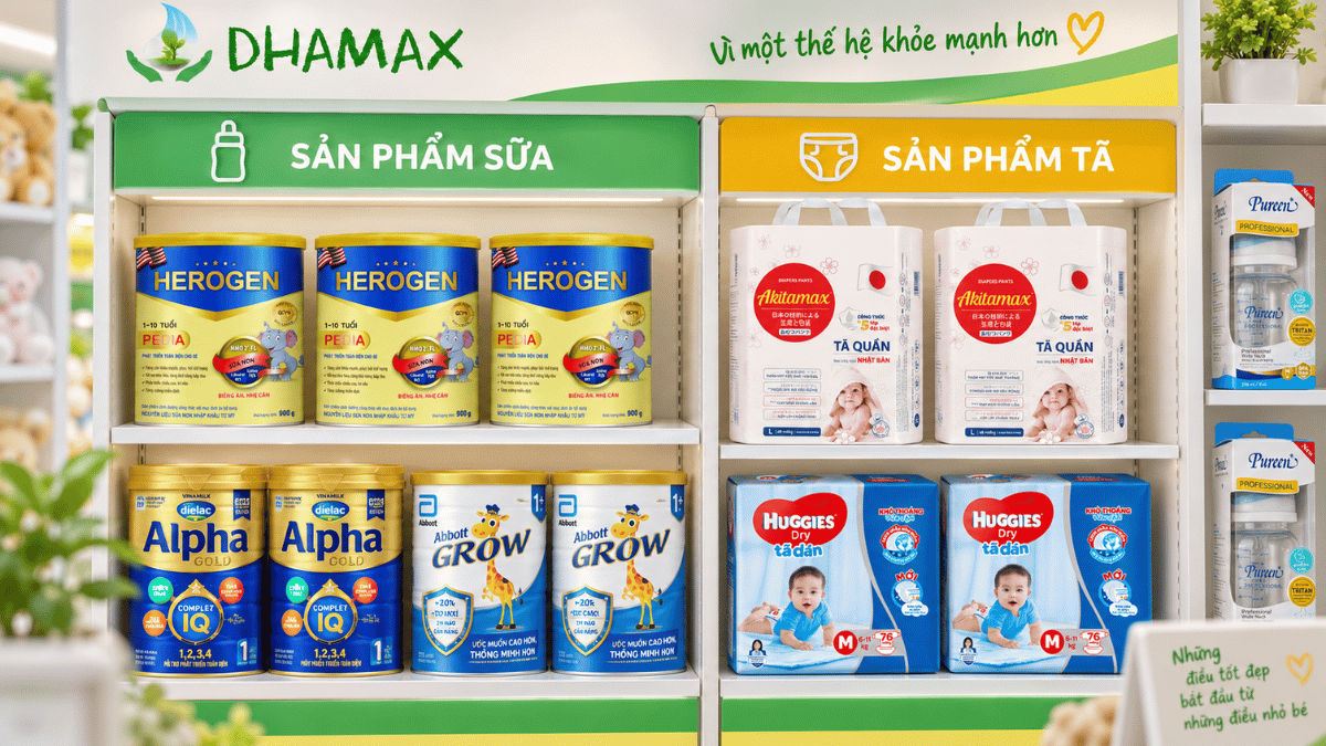 Kệ sữa và tã bỉm cho cửa hàng mẹ và bé mới