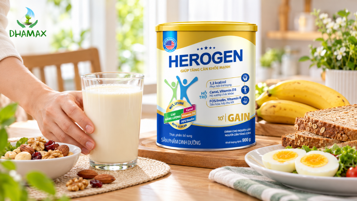 Sữa Herogen Gain kết hợp bữa phụ có bánh mì chuối và thực phẩm dinh dưỡng