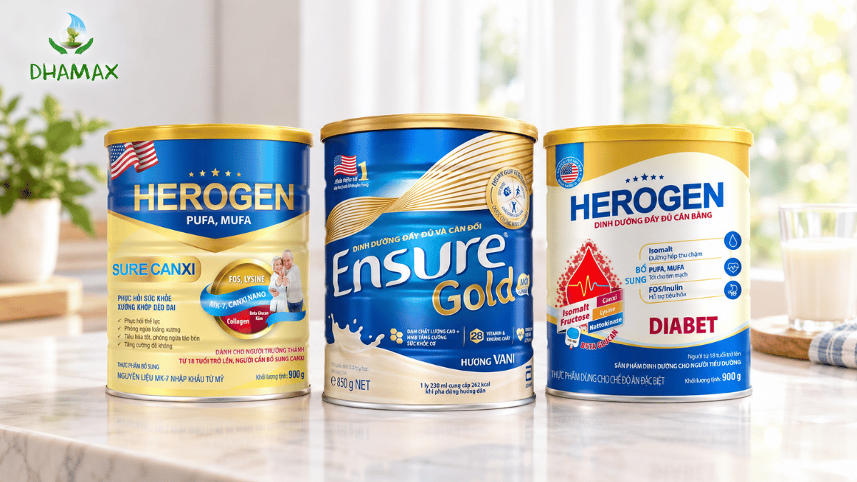 Các sản phẩm sữa dinh dưỡng người lớn tại DHAMAX gồm Herogen Sure Canxi Ensure Gold dạng bột và Herogen Diabet