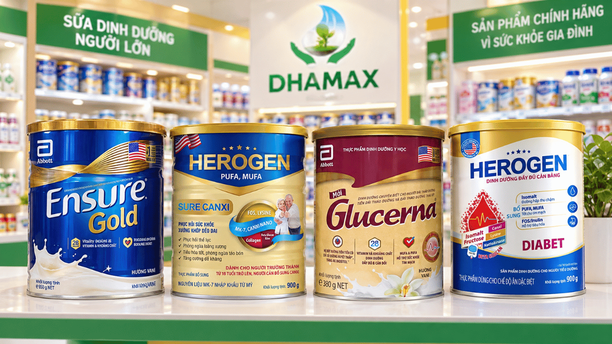 Các sản phẩm Ensure Gold, Herogen Sure Canxi, Glucerna và Herogen Diabet tại DHAMAX